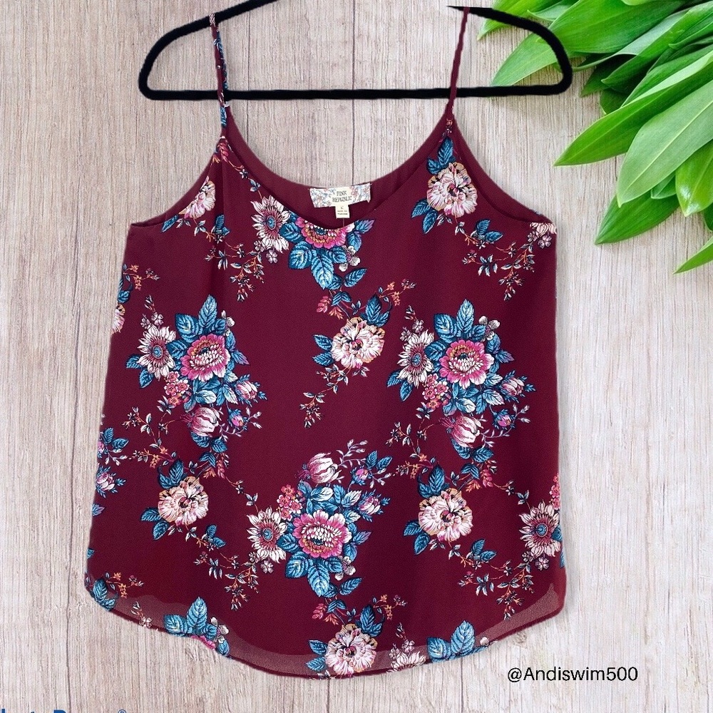 Pink Republic Maroon Boho Floral Spaghetti Strap Tank; L